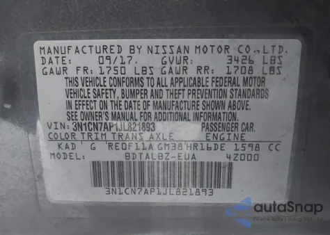 2018 Nissan Versa 1.6 Sv z USA, uszkodzony, nr VIN 3N1CN7AP1JL821893